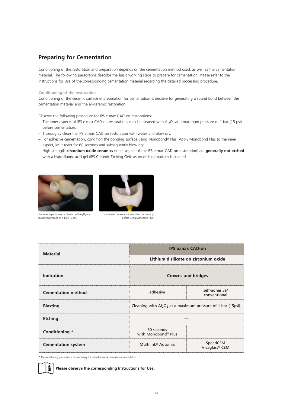 Preparing for cementation | Ivoclar Vivadent IPS e.max CAD-on User Manual | Page 44 / 52