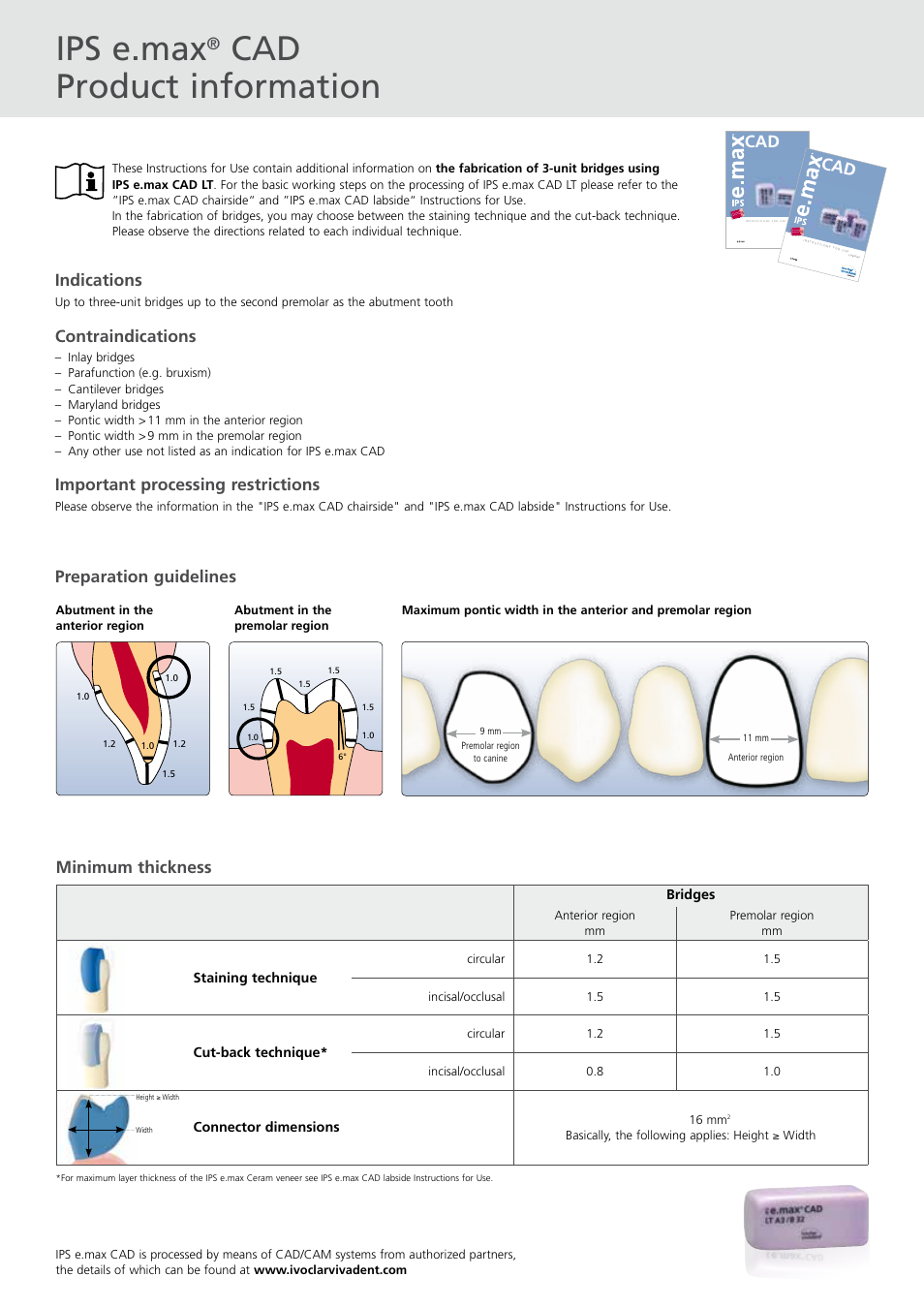 Ips e.max, Cad product information, Indications | Contraindications, Important processing restrictions, Minimum thickness, Preparation guidelines, Bridges, Staining technique, Cut-back technique | Ivoclar Vivadent IPS e.max CAD Flow Chart 3-unit bridge User Manual | Page 2 / 6