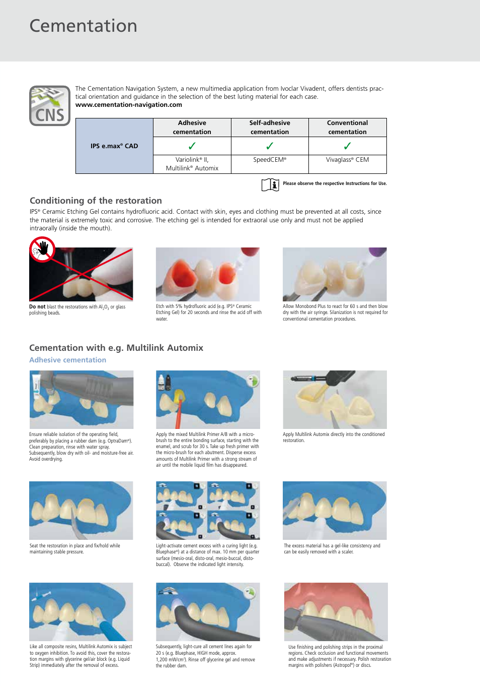 Cementation, Conditioning of the restoration, Cementation with e.g. multilink automix | Ivoclar Vivadent IPS e.max CAD Flow Chart 3-unit bridge User Manual | Page 4 / 6