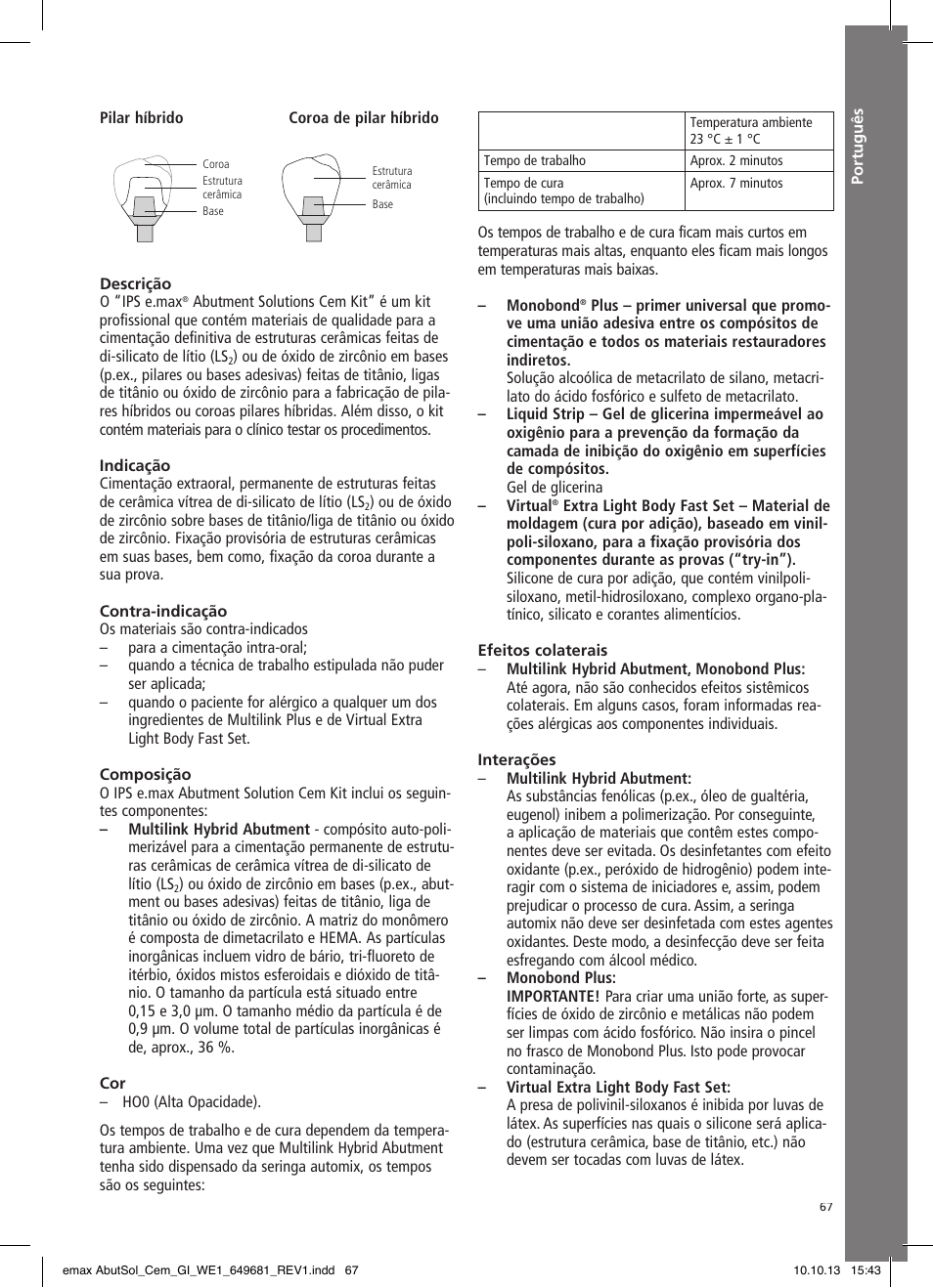 Português | Ivoclar Vivadent IPS e.max Abutment Solutions Cem Kit User Manual | Page 67 / 80