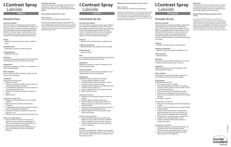 Labside, Contrast spray, Ip s | Istruzioni d’uso, Instrucciones de uso, Instruções de uso, Italiano español português | Ivoclar Vivadent IPS Contrast Spray labside User Manual | Page 2 / 2