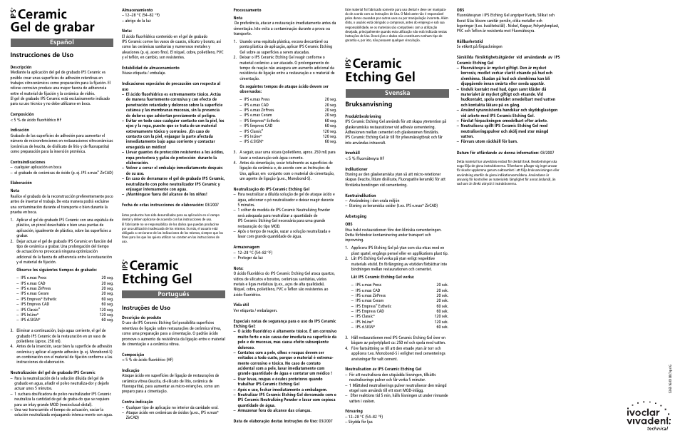 Ceramic gel de grabar, Ceramic etching gel, Ip s | Instrucciones de uso, Bruksanvisning, Español svenska, Português | Ivoclar Vivadent IPS Ceramic Etching Gel User Manual | Page 2 / 2