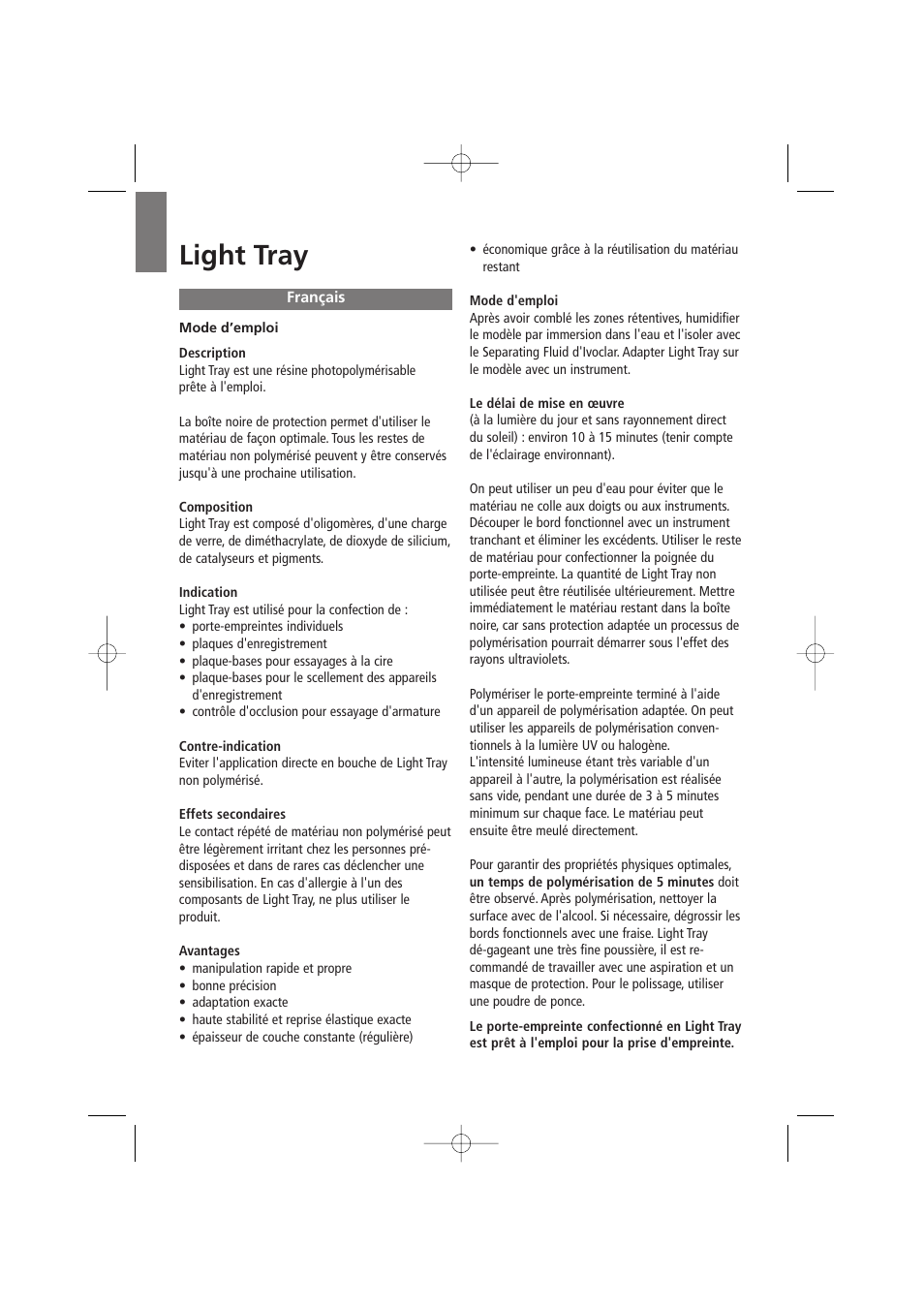 Français, Light tray | Ivoclar Vivadent Light Tray User Manual | Page 6 / 14