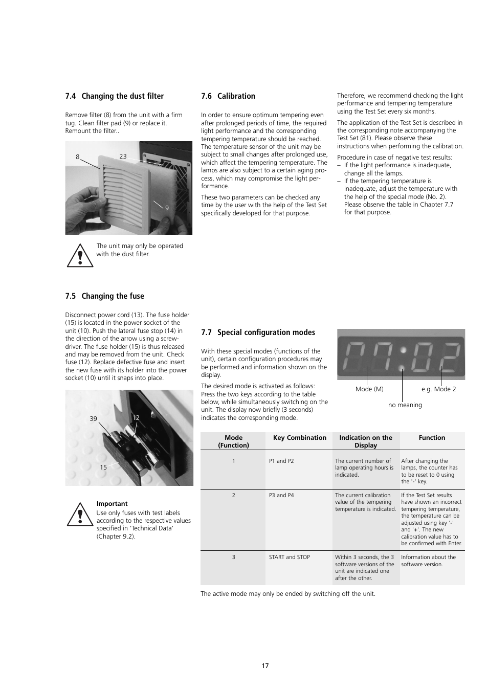 4 changing the dust filter, 5 changing the fuse, 7 special configuration modes | 6 calibration | Ivoclar Vivadent Lumamat 100 User Manual | Page 17 / 20