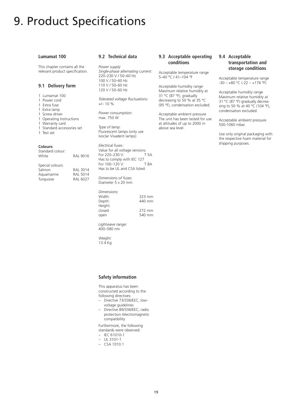 Product specifications | Ivoclar Vivadent Lumamat 100 User Manual | Page 19 / 20