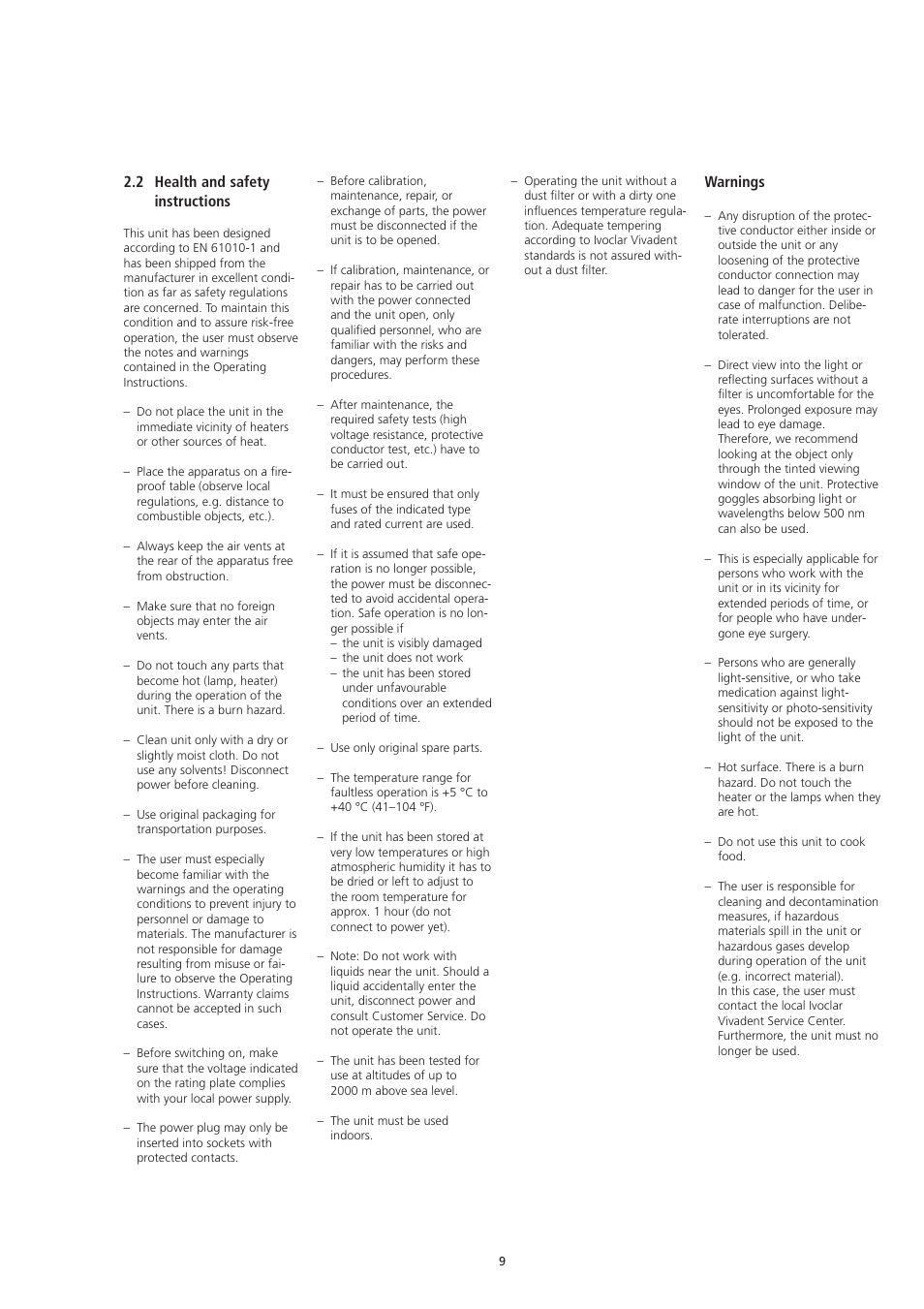 2 health and safety instructions, Warnings | Ivoclar Vivadent Lumamat 100 User Manual | Page 9 / 20