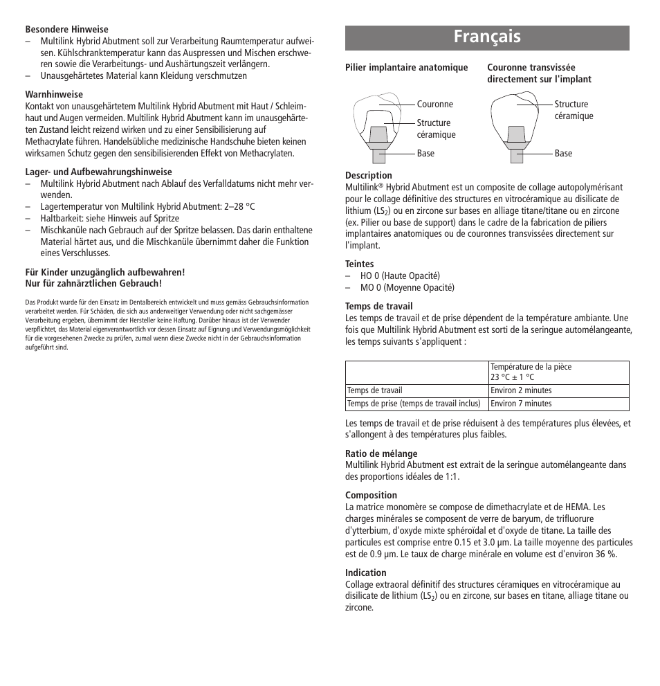 Français | Ivoclar Vivadent Multilink Hybrid Abutment User Manual | Page 6 / 40
