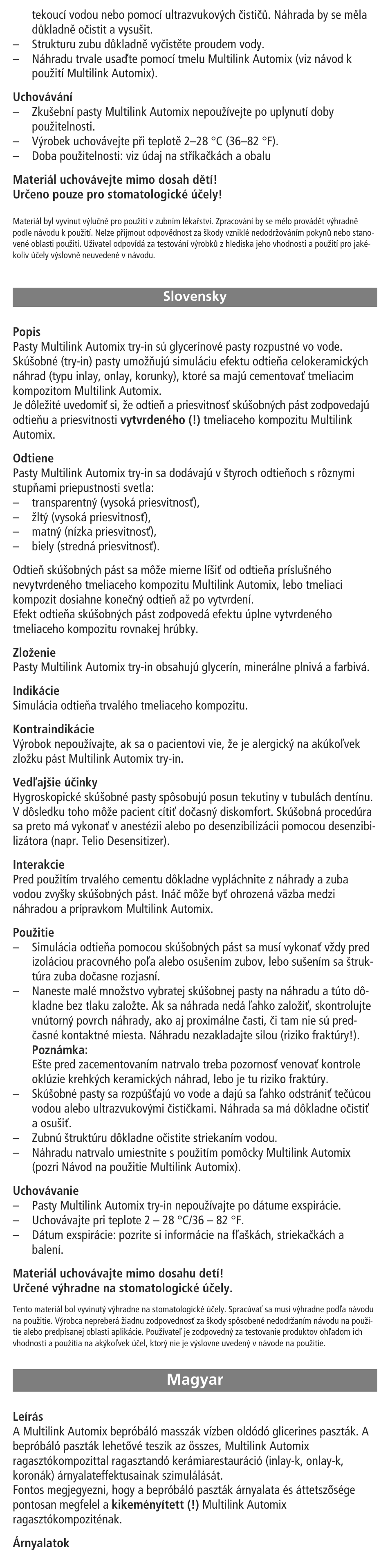 Slovensky, Magyar | Ivoclar Vivadent Multilink Automix Try-In-Paste User Manual | Page 13 / 24