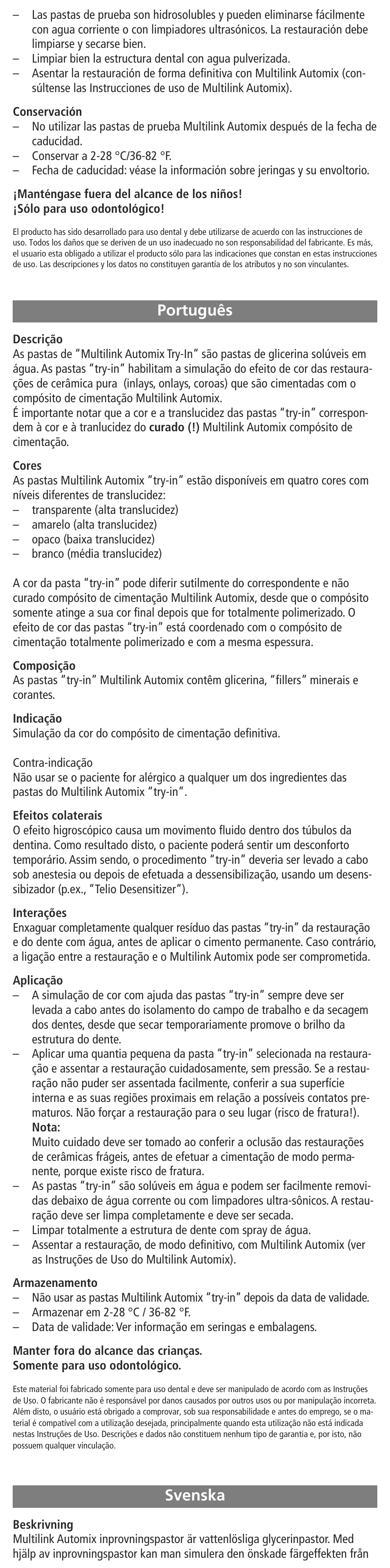 Português, Svenska, Português svenska | Ivoclar Vivadent Multilink Automix Try-In-Paste User Manual | Page 5 / 24