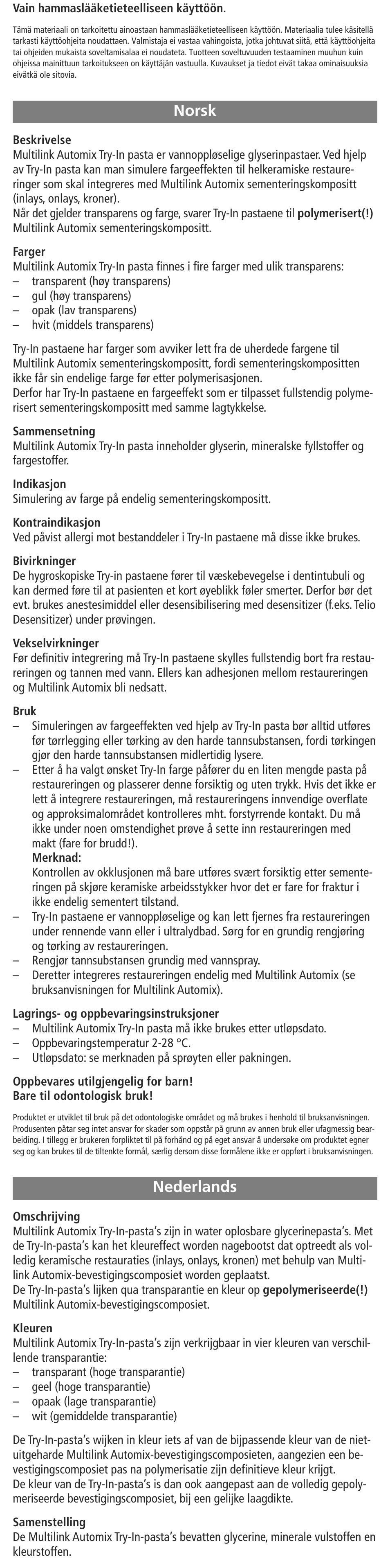 Norsk, Nederlands, Norsk nederlands | Ivoclar Vivadent Multilink Automix Try-In-Paste User Manual | Page 8 / 24