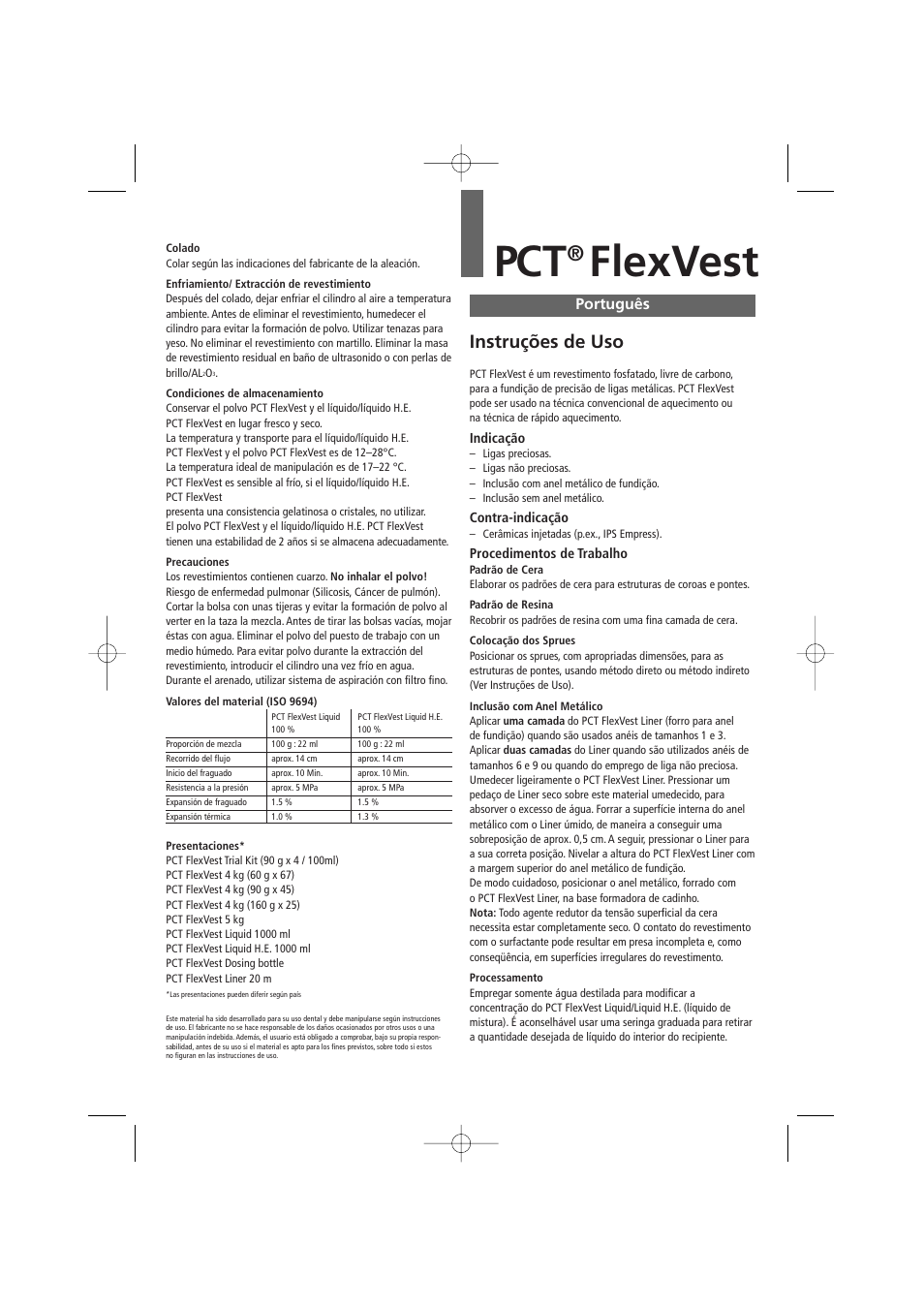 Português, Flexvest, Instruções de uso | Ivoclar Vivadent PCT FlexVest User Manual | Page 12 / 28