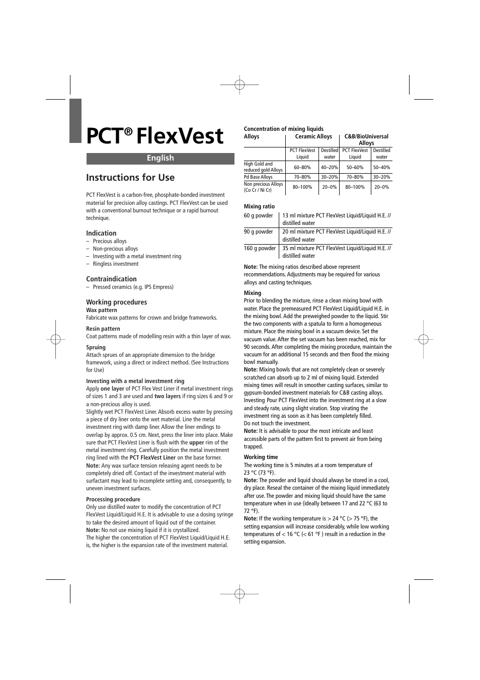 English, Flexvest, Instructions for use | Ivoclar Vivadent PCT FlexVest User Manual | Page 2 / 28