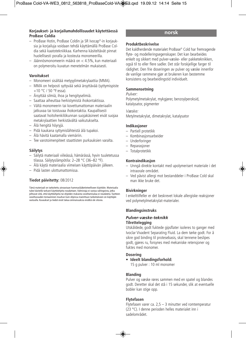 Norsk | Ivoclar Vivadent ProBase Cold User Manual | Page 15 / 28