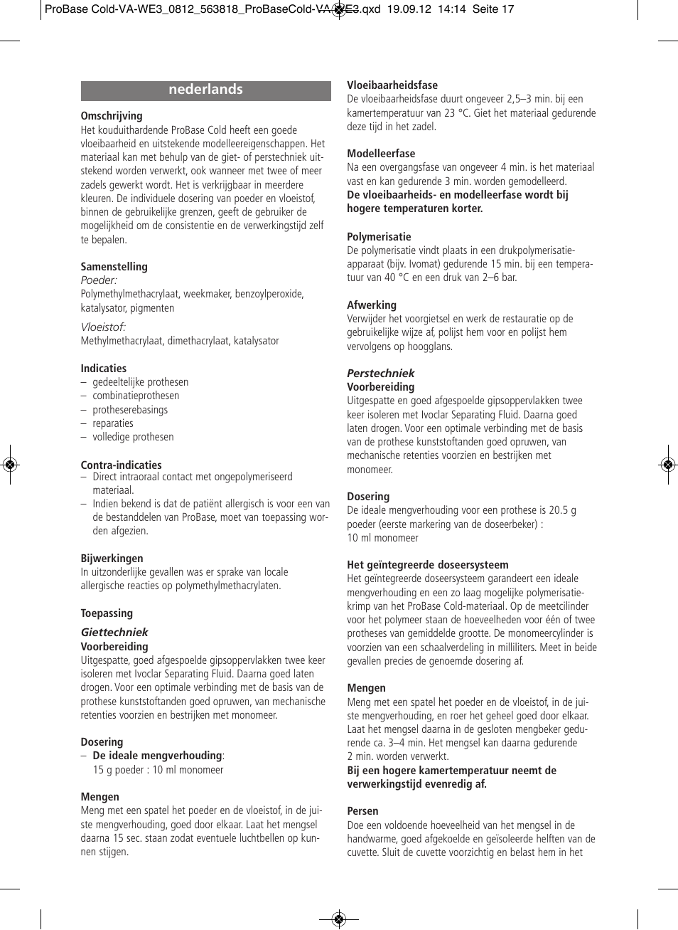 Nederlands | Ivoclar Vivadent ProBase Cold User Manual | Page 17 / 28