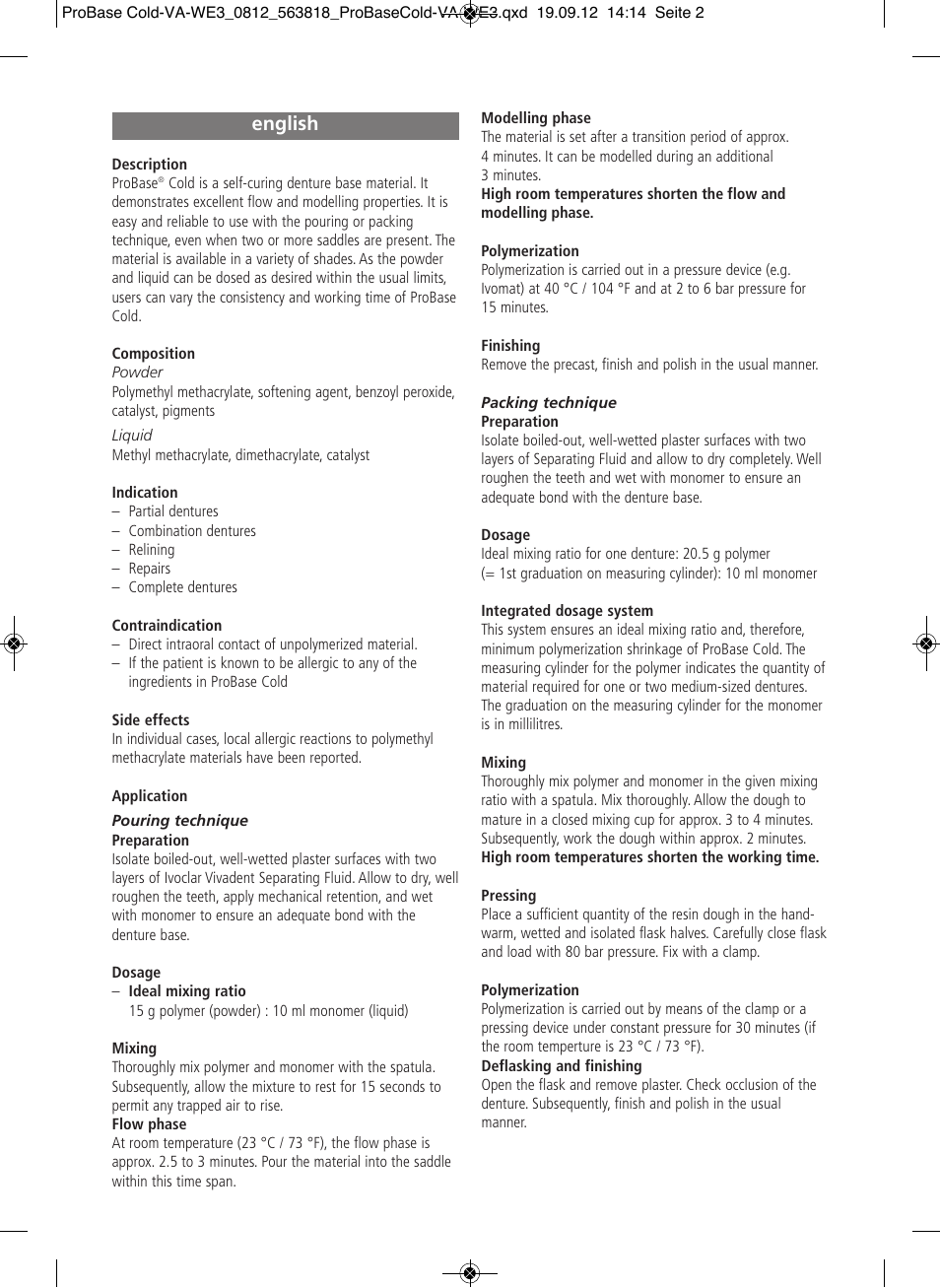 English | Ivoclar Vivadent ProBase Cold User Manual | Page 2 / 28