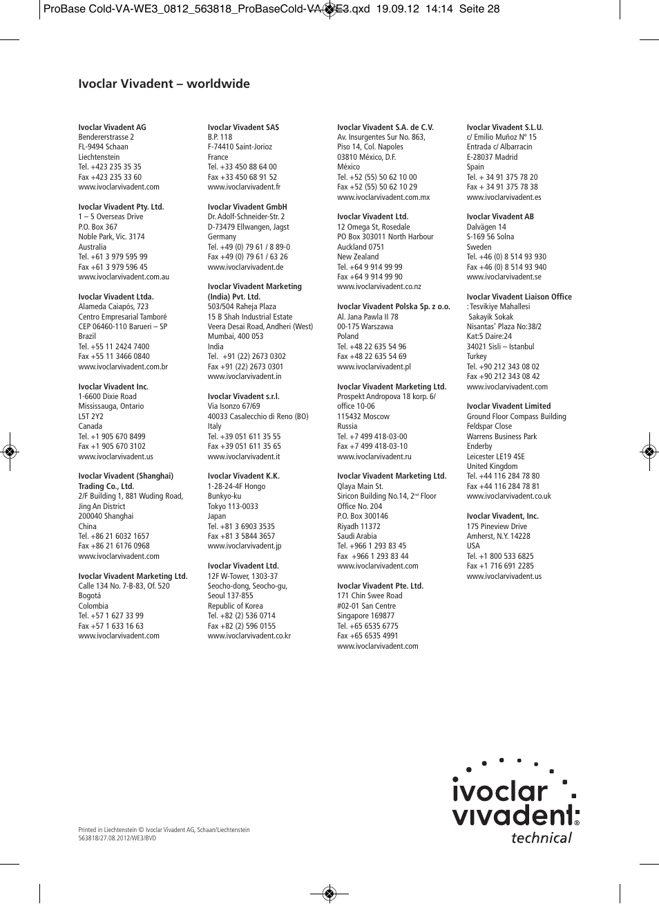 Ivoclar vivadent – worldwide | Ivoclar Vivadent ProBase Cold User Manual | Page 28 / 28