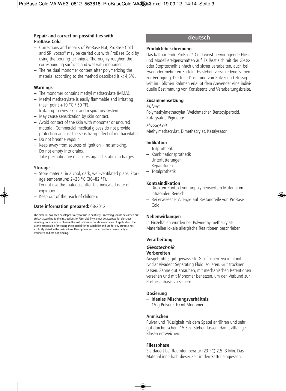 Deutsch | Ivoclar Vivadent ProBase Cold User Manual | Page 3 / 28
