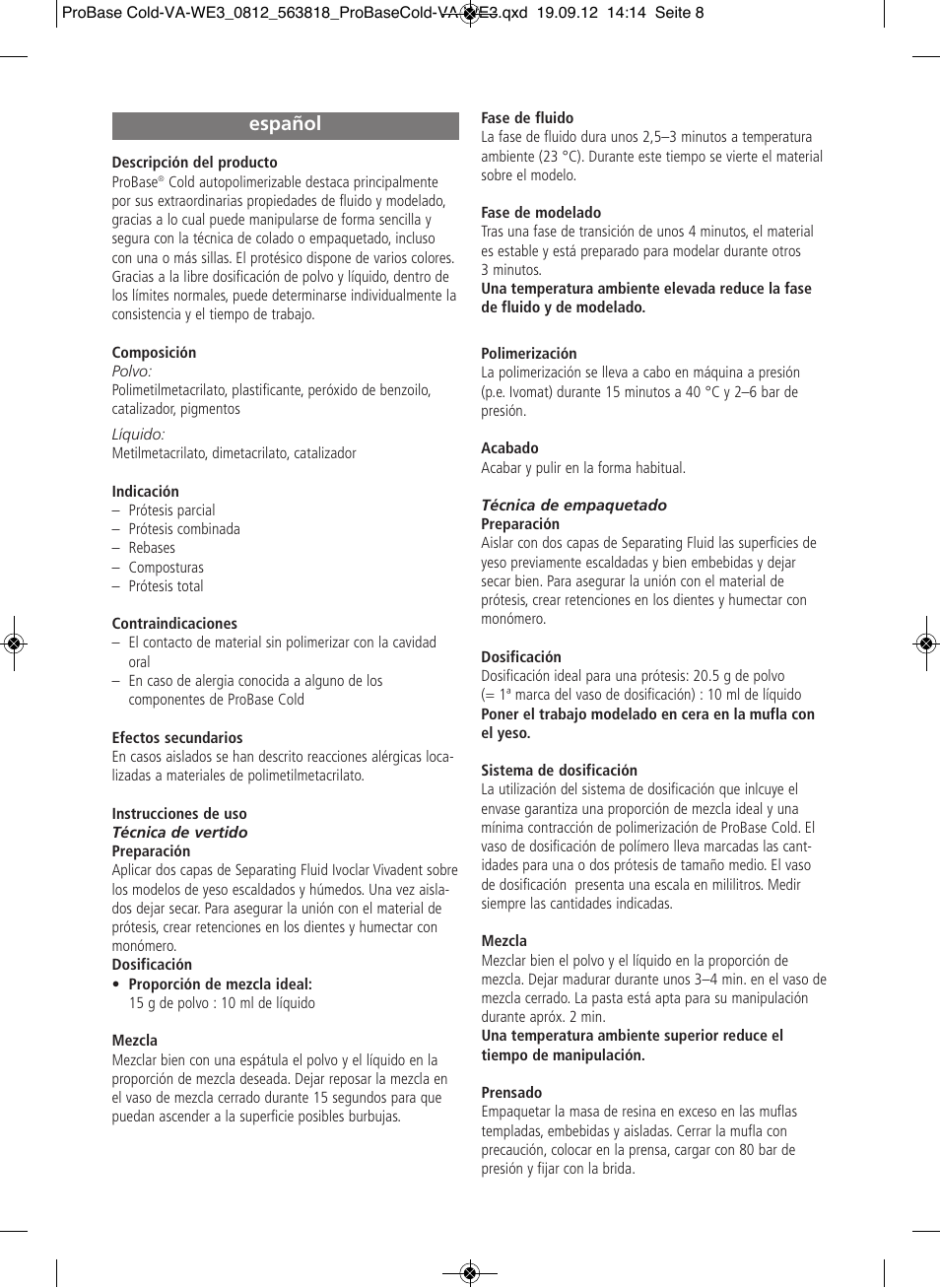 Español | Ivoclar Vivadent ProBase Cold User Manual | Page 8 / 28