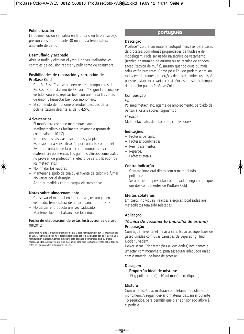 Português | Ivoclar Vivadent ProBase Cold User Manual | Page 9 / 28