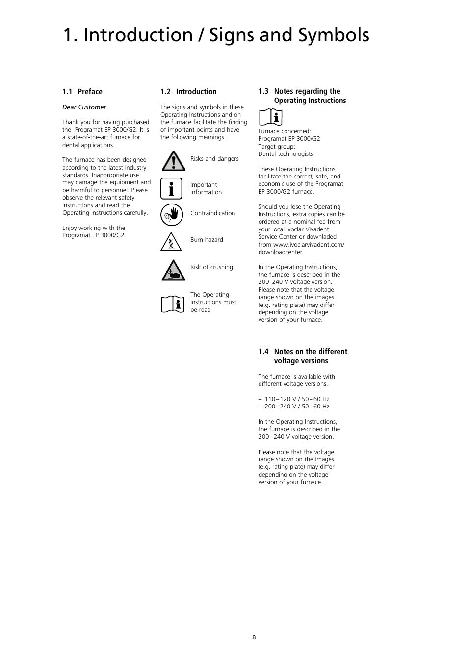 Introduction / signs and symbols | Ivoclar Vivadent EP3000-G2 User Manual | Page 8 / 40
