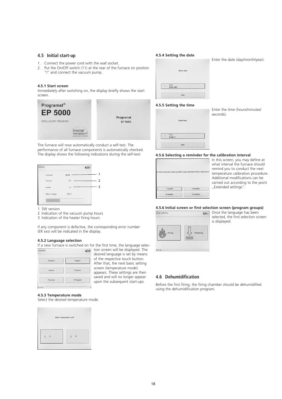 5 initial start-up, 6 dehumidification | Ivoclar Vivadent EP5000-G2 User Manual | Page 18 / 44