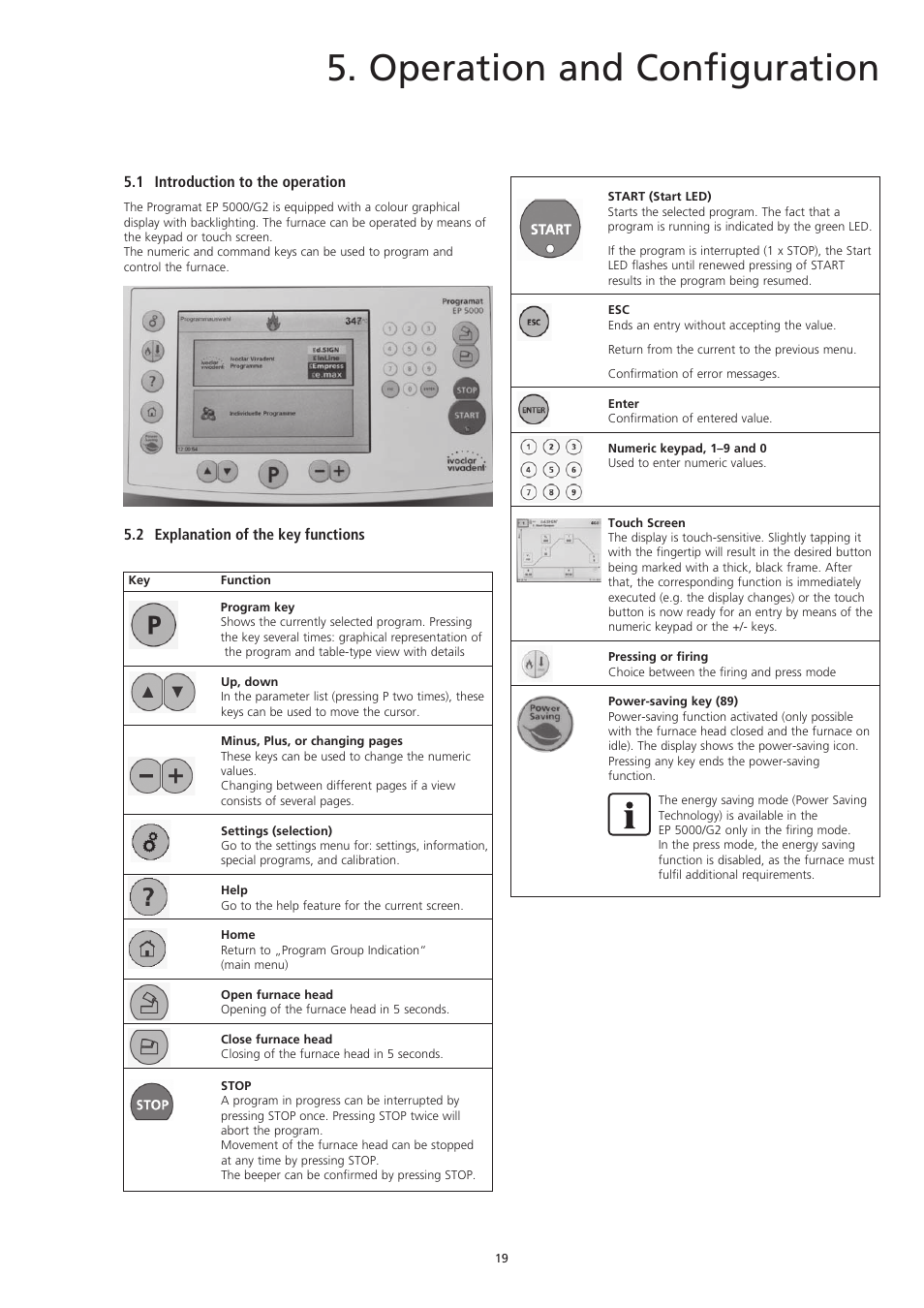 Operation and configuration, 1 introduction to the operation, 2 explanation of the key functions | Ivoclar Vivadent EP5000-G2 User Manual | Page 19 / 44