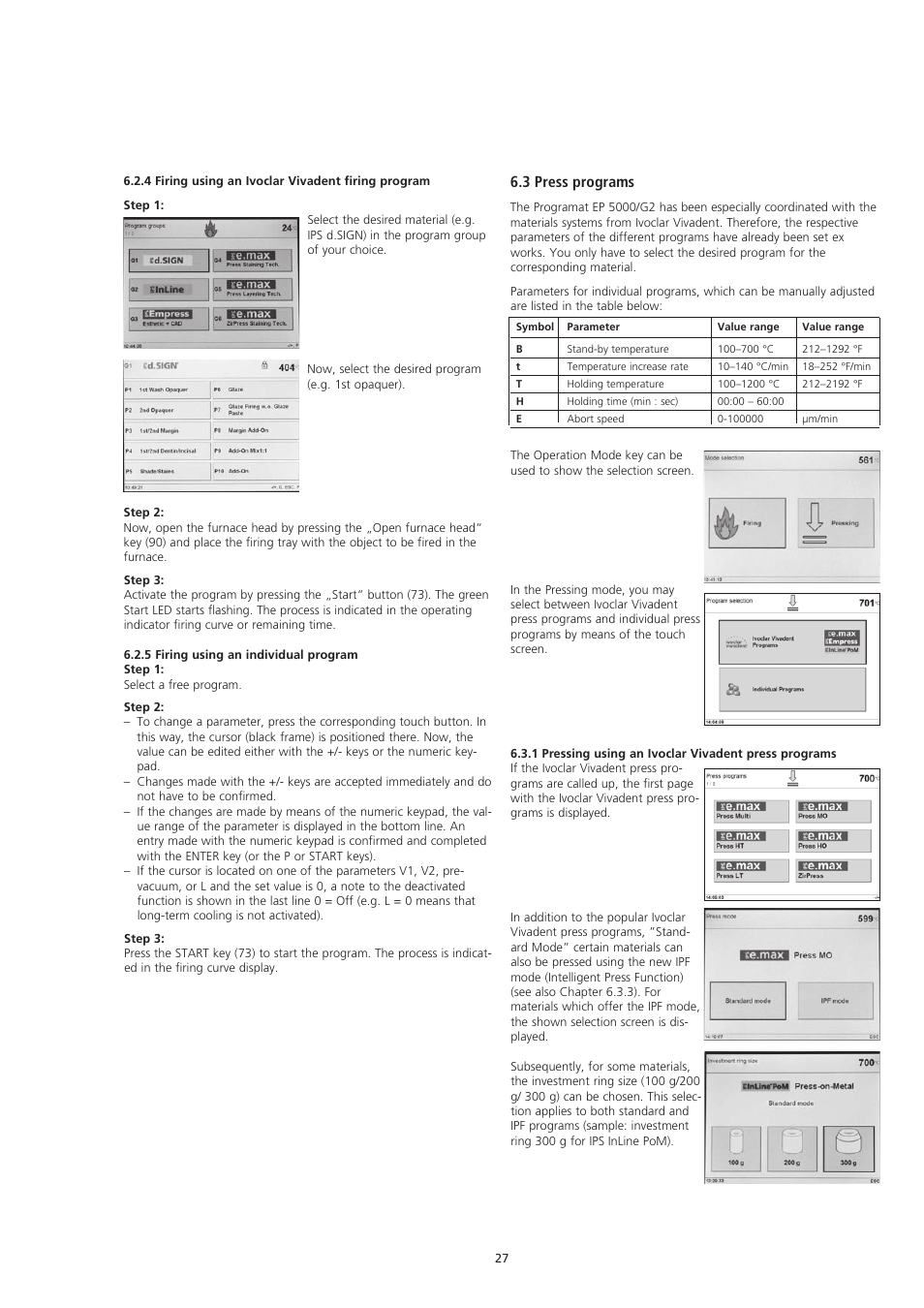 3 press programs | Ivoclar Vivadent EP5000-G2 User Manual | Page 27 / 44