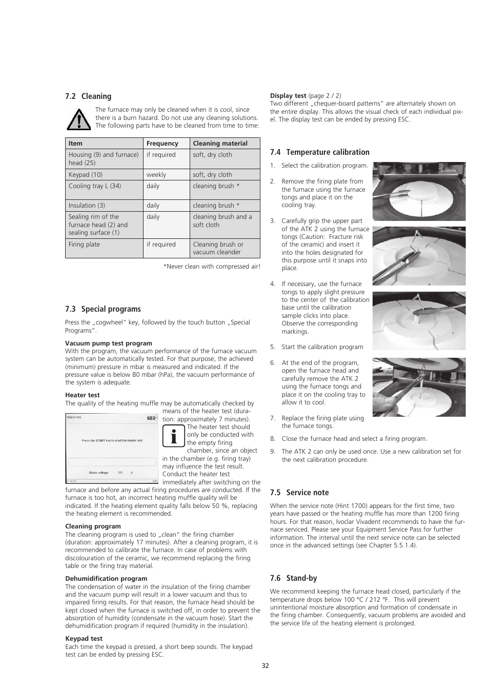 3 special programs, 2 cleaning, 4 temperature calibration | 6 stand-by | Ivoclar Vivadent EP5000-G2 User Manual | Page 32 / 44