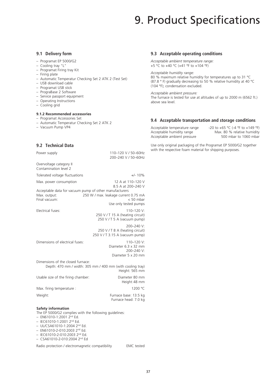 Product specifications, 1 delivery form, 2 technical data | 3 acceptable operating conditions, 4 acceptable transportation and storage conditions | Ivoclar Vivadent EP5000-G2 User Manual | Page 37 / 44