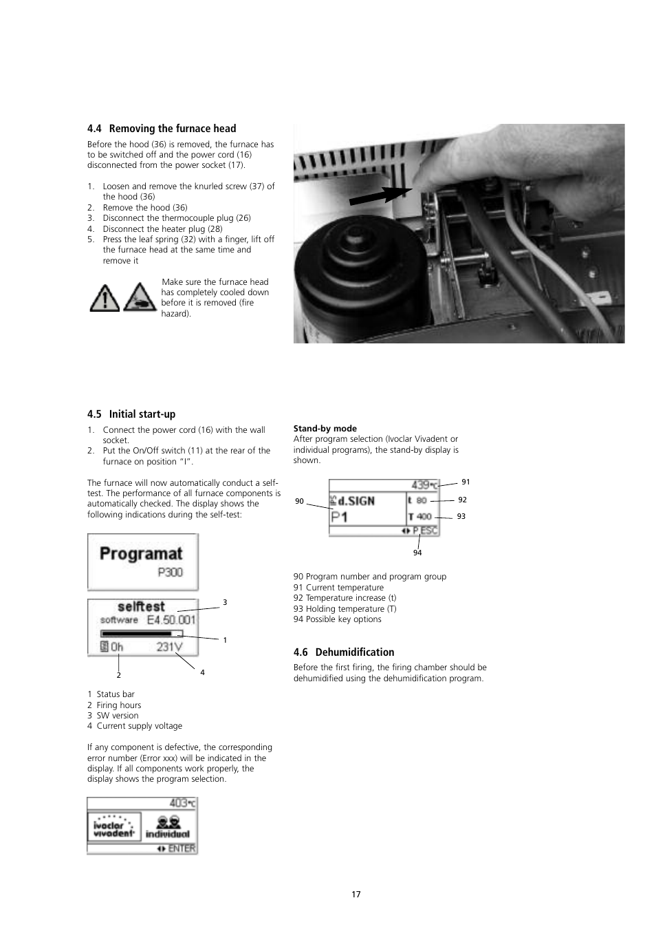4 removing the furnace head, 5 initial start-up, 6 dehumidification | Ivoclar Vivadent P300 User Manual | Page 17 / 36