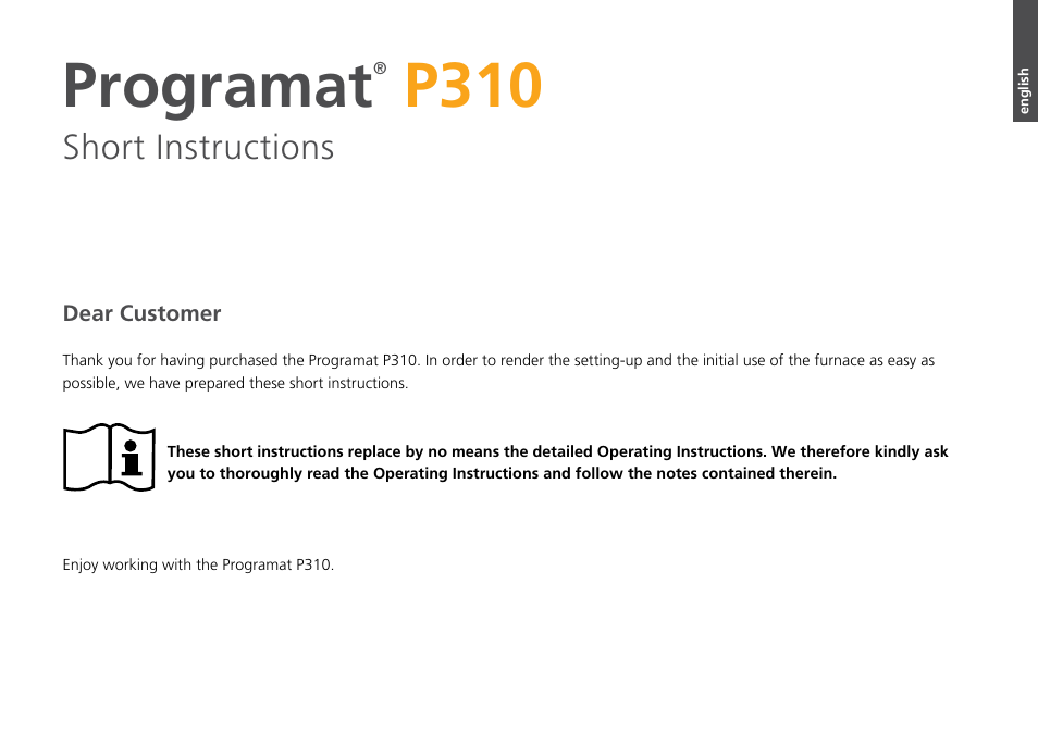 Programat, P310, Short instructions | Ivoclar Vivadent P310 - Short Instructions User Manual | Page 3 / 40