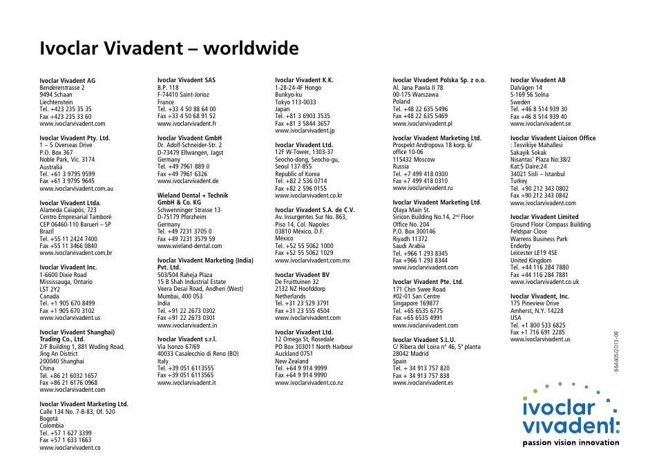 Ivoclar vivadent – worldwide | Ivoclar Vivadent P310 - Short Instructions User Manual | Page 40 / 40