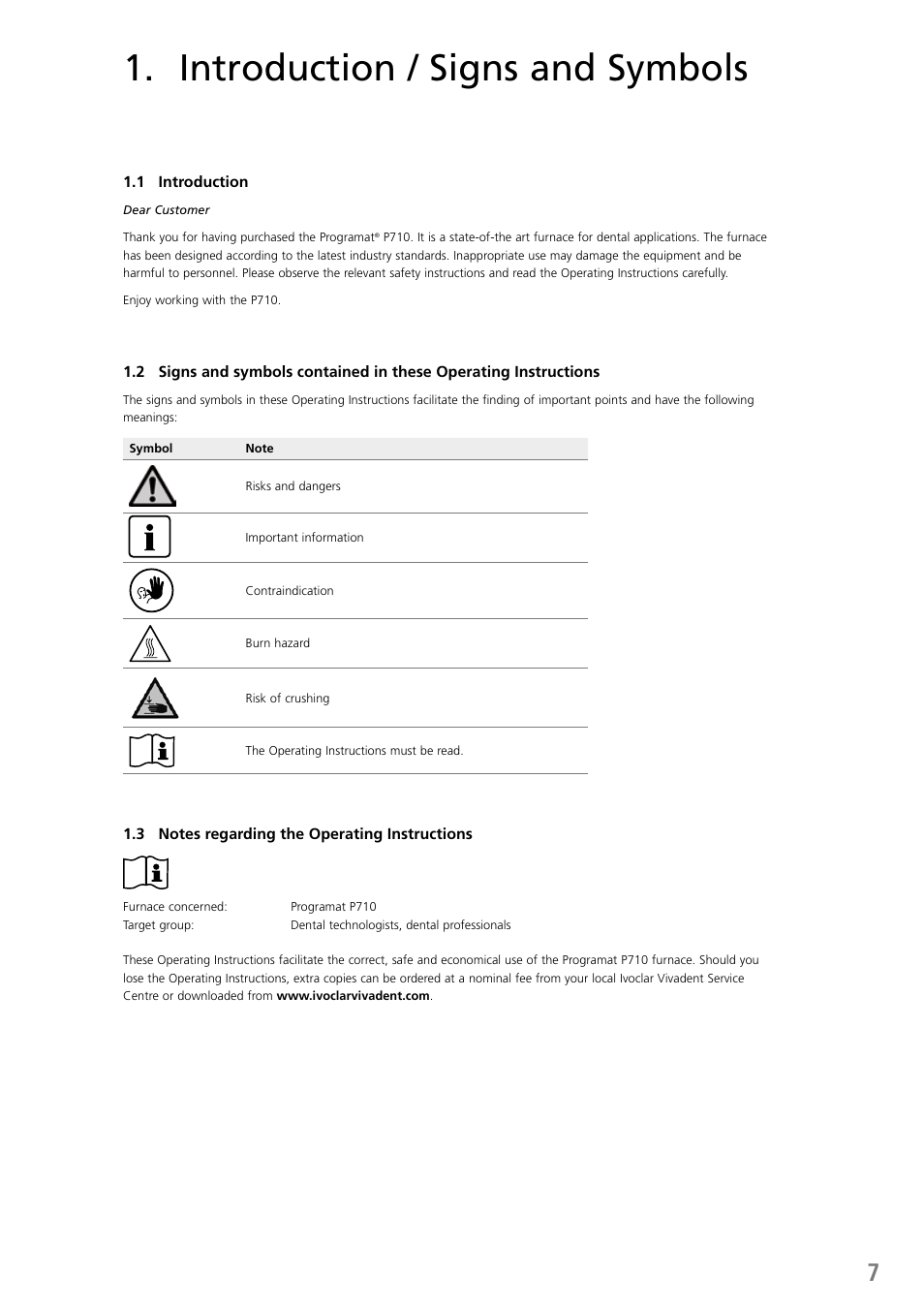 Introduction / signs and symbols | Ivoclar Vivadent P710 User Manual | Page 7 / 88