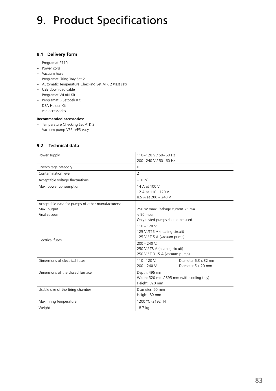 Product specifications | Ivoclar Vivadent P710 User Manual | Page 83 / 88
