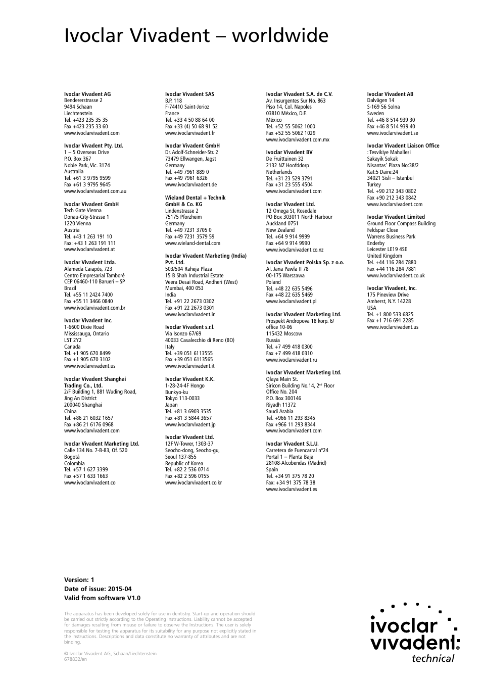 Ivoclar vivadent – worldwide | Ivoclar Vivadent P710 User Manual | Page 88 / 88