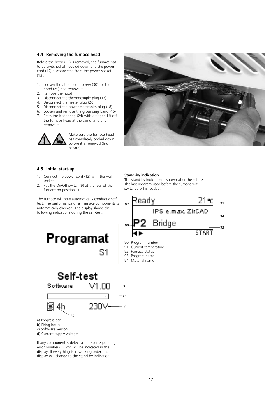 4 removing the furnace head, 5 initial start-up | Ivoclar Vivadent S1 User Manual | Page 17 / 32