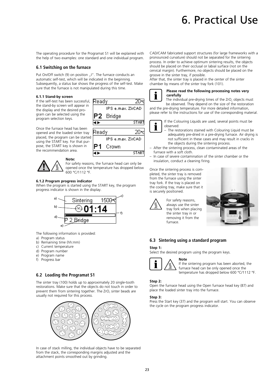 Practical use, 1 switching on the furnace, 2 loading the programat s1 | 3 sintering using a standard program | Ivoclar Vivadent S1 User Manual | Page 23 / 32