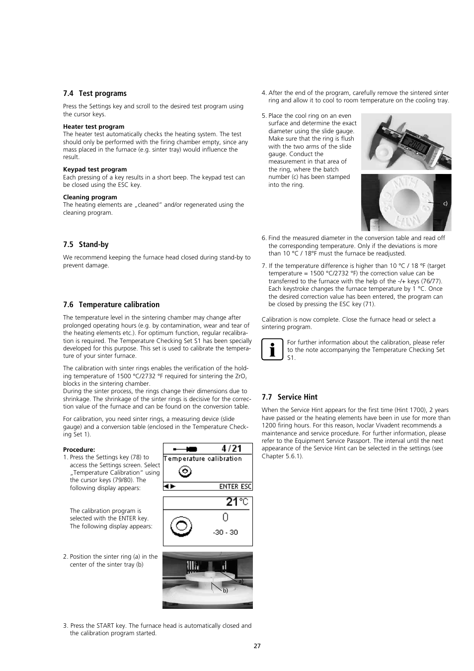 4 test programs, 5 stand-by, 6 temperature calibration | 7 service hint | Ivoclar Vivadent S1 User Manual | Page 27 / 32