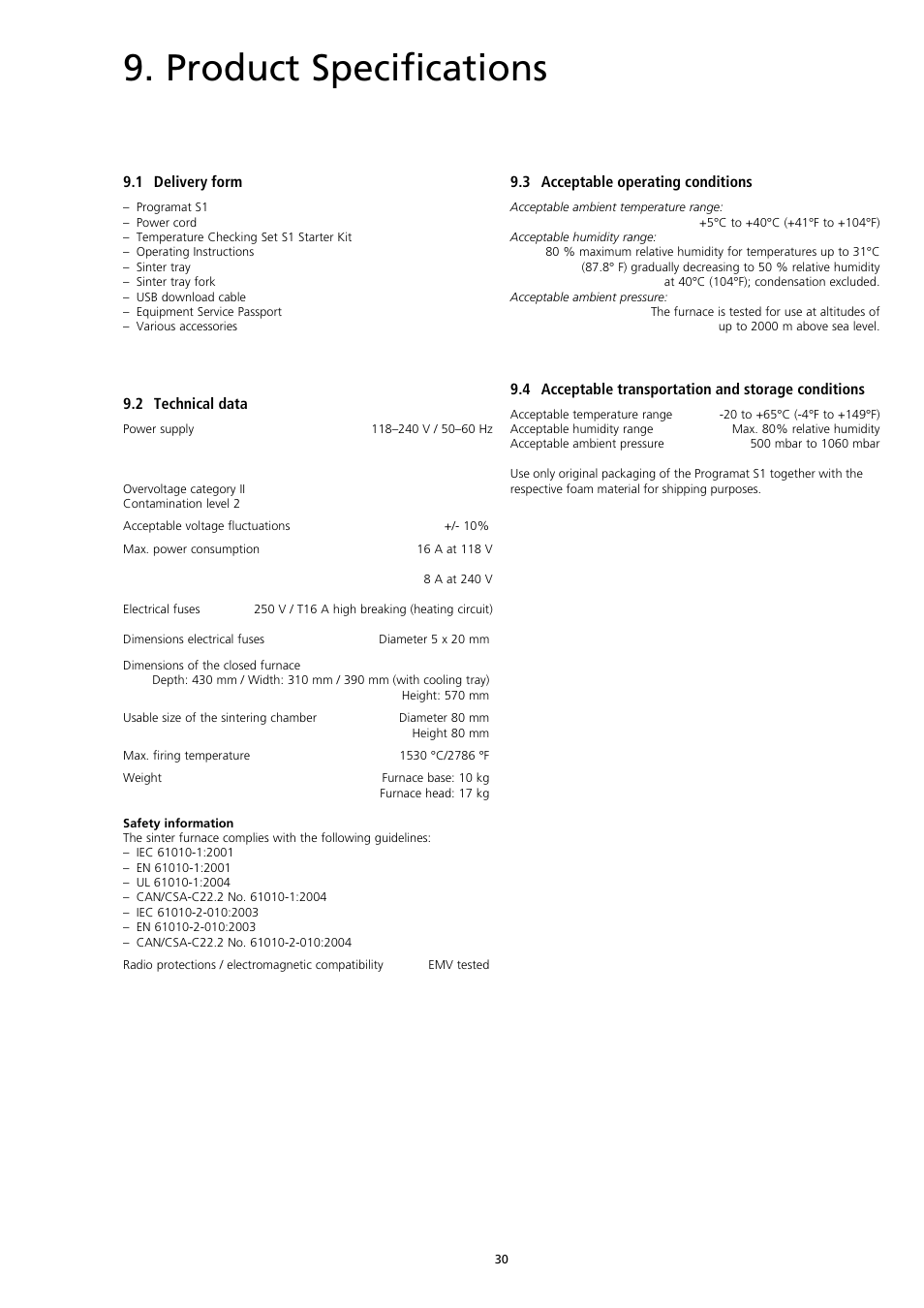 Product specifications | Ivoclar Vivadent S1 User Manual | Page 30 / 32