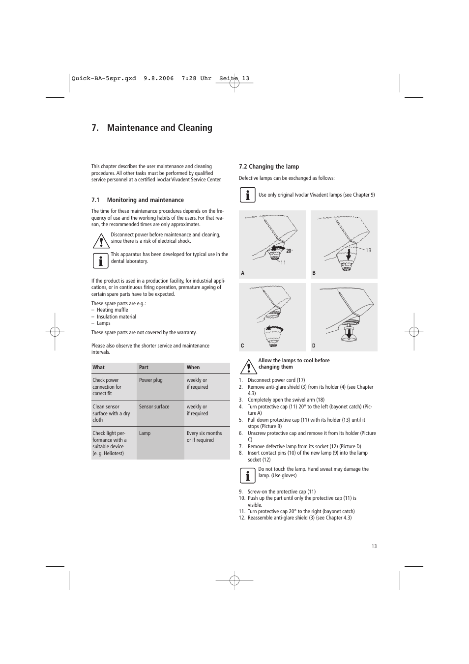 Maintenance and cleaning | Ivoclar Vivadent Quick User Manual | Page 13 / 76