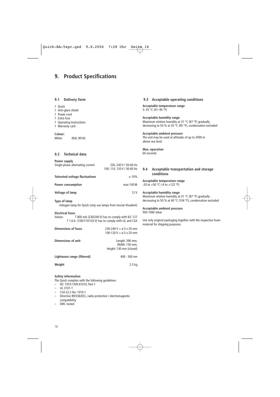 Product specifications | Ivoclar Vivadent Quick User Manual | Page 16 / 76