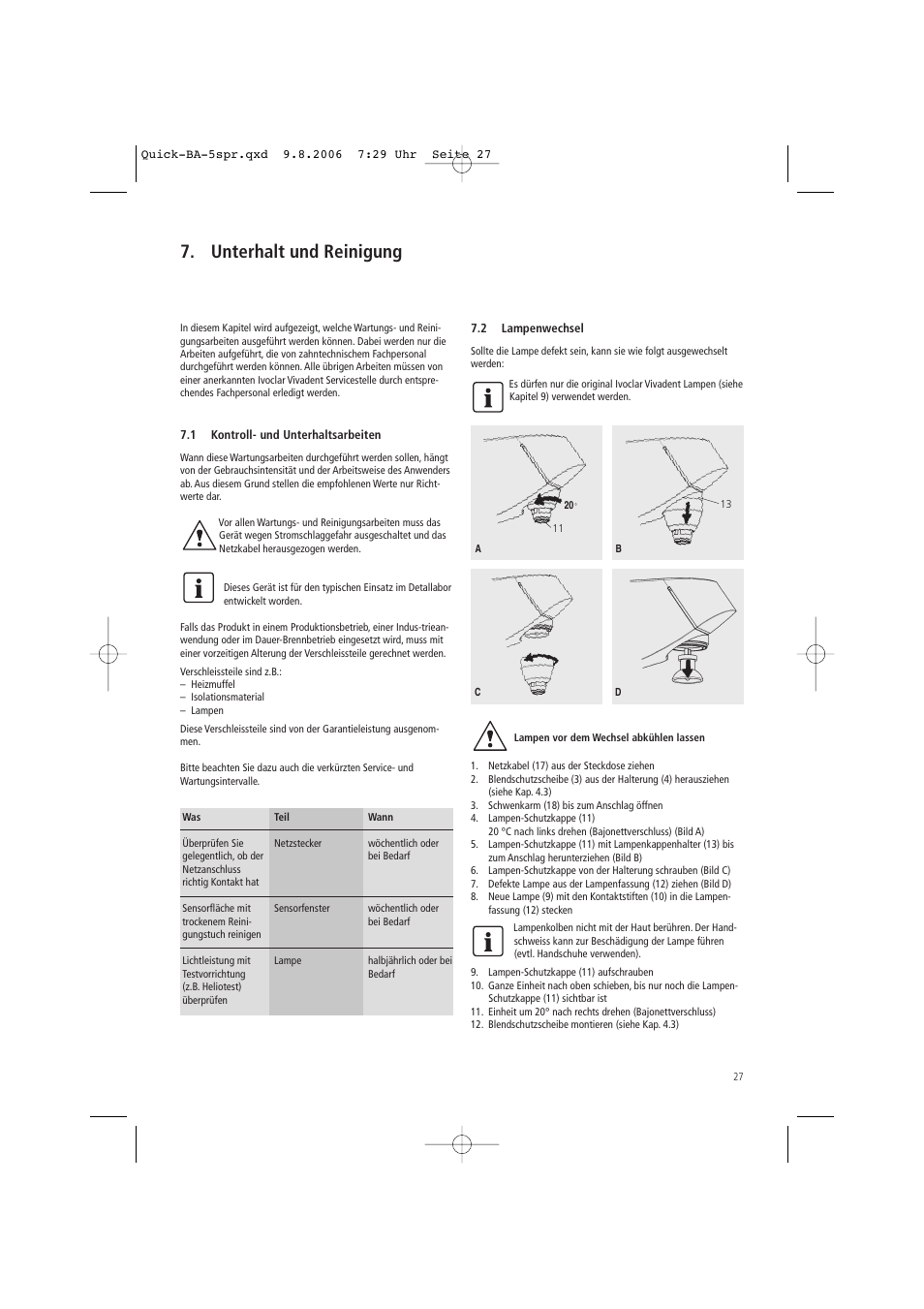 Unterhalt und reinigung | Ivoclar Vivadent Quick User Manual | Page 27 / 76