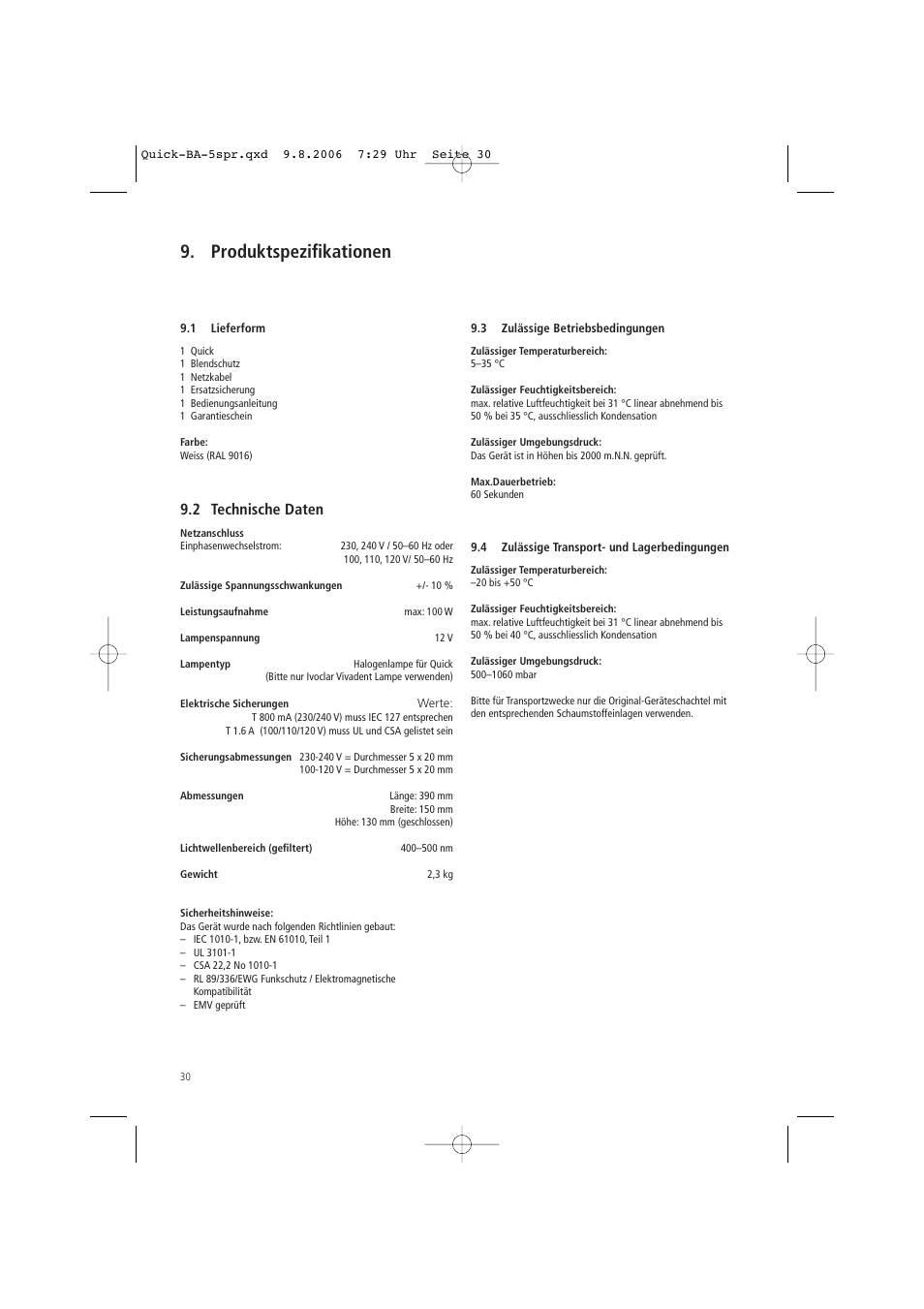 Produktspezifikationen, 2 technische daten | Ivoclar Vivadent Quick User Manual | Page 30 / 76