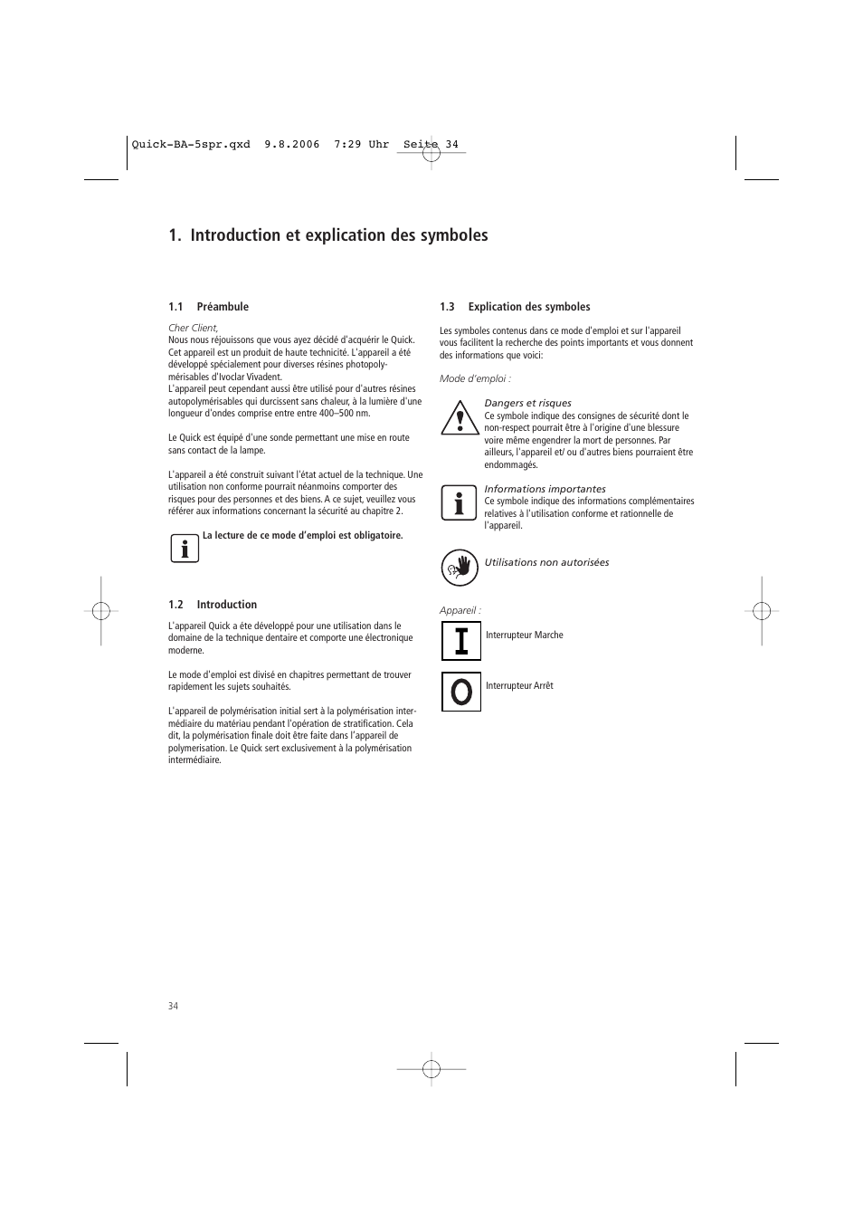 Introduction et explication des symboles | Ivoclar Vivadent Quick User Manual | Page 34 / 76
