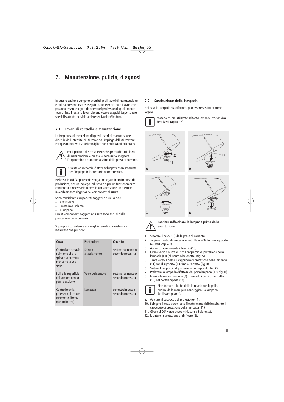 Manutenzione, pulizia, diagnosi | Ivoclar Vivadent Quick User Manual | Page 55 / 76