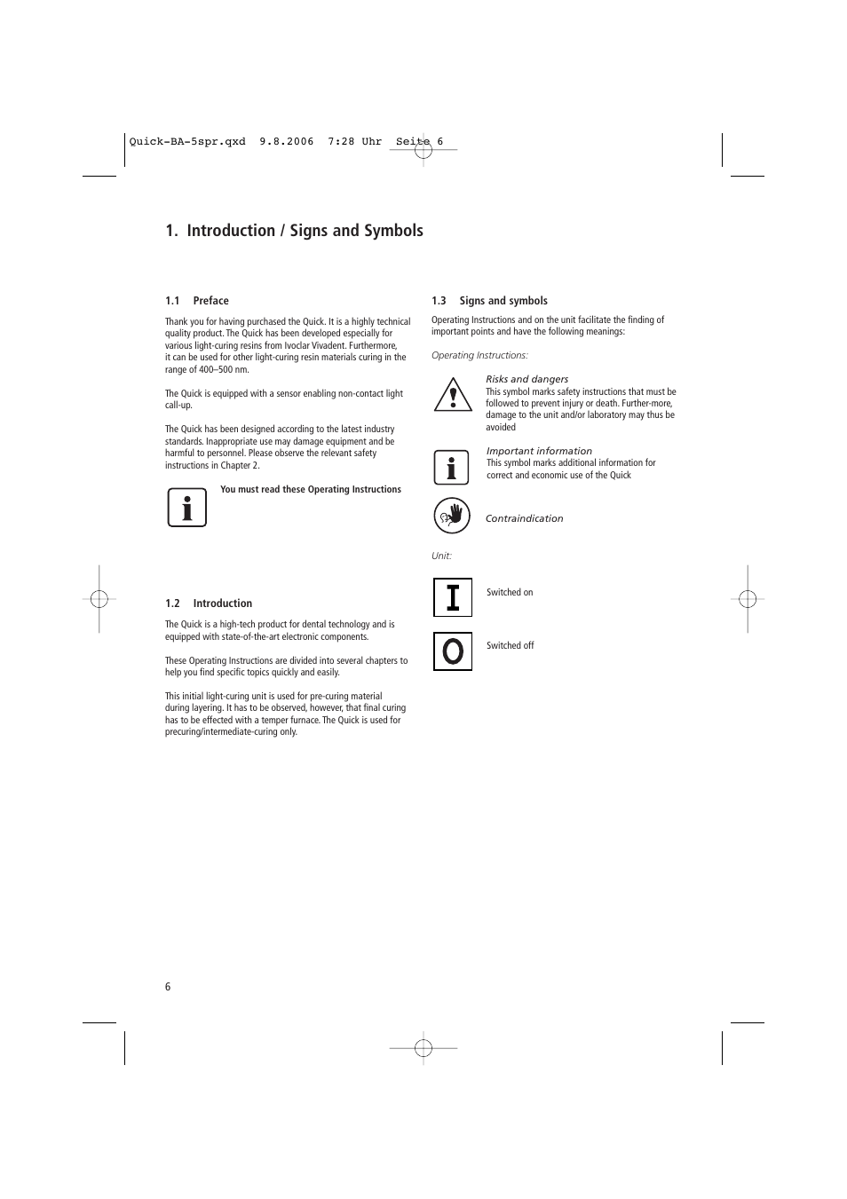 Introduction / signs and symbols | Ivoclar Vivadent Quick User Manual | Page 6 / 76