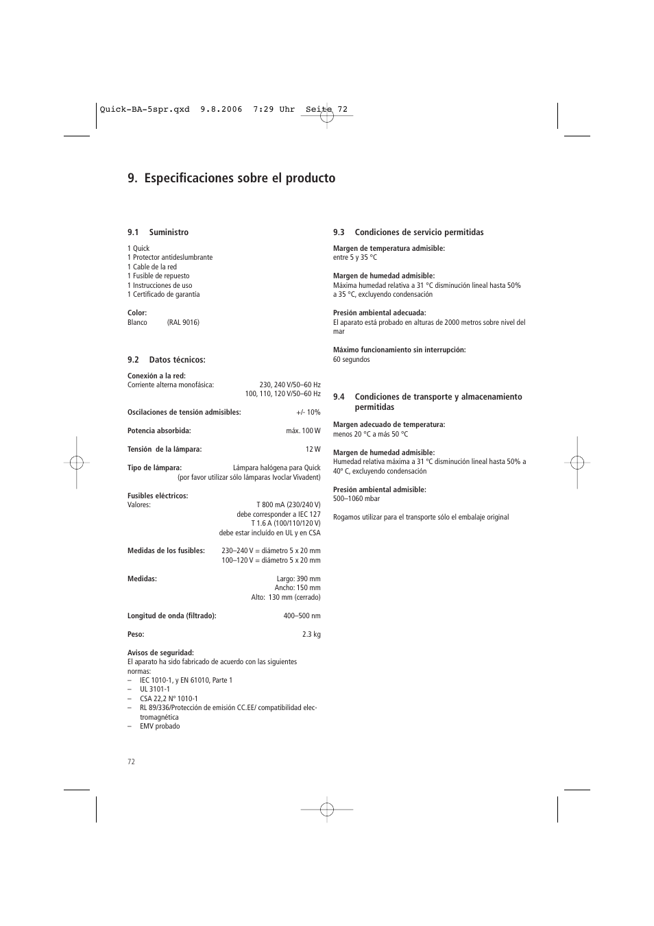 Especificaciones sobre el producto | Ivoclar Vivadent Quick User Manual | Page 72 / 76