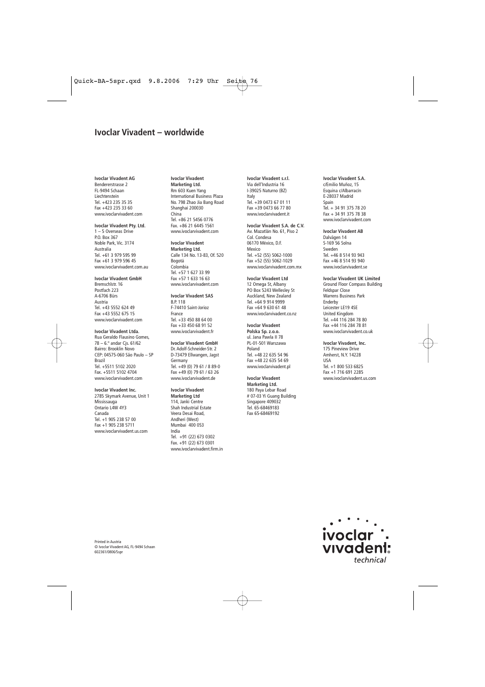 Ivoclar vivadent – worldwide | Ivoclar Vivadent Quick User Manual | Page 76 / 76