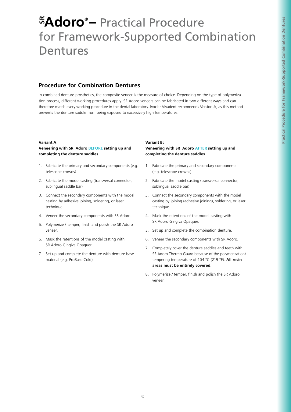 Adoro, Procedure for combination dentures | Ivoclar Vivadent SR Adoro User Manual | Page 57 / 88