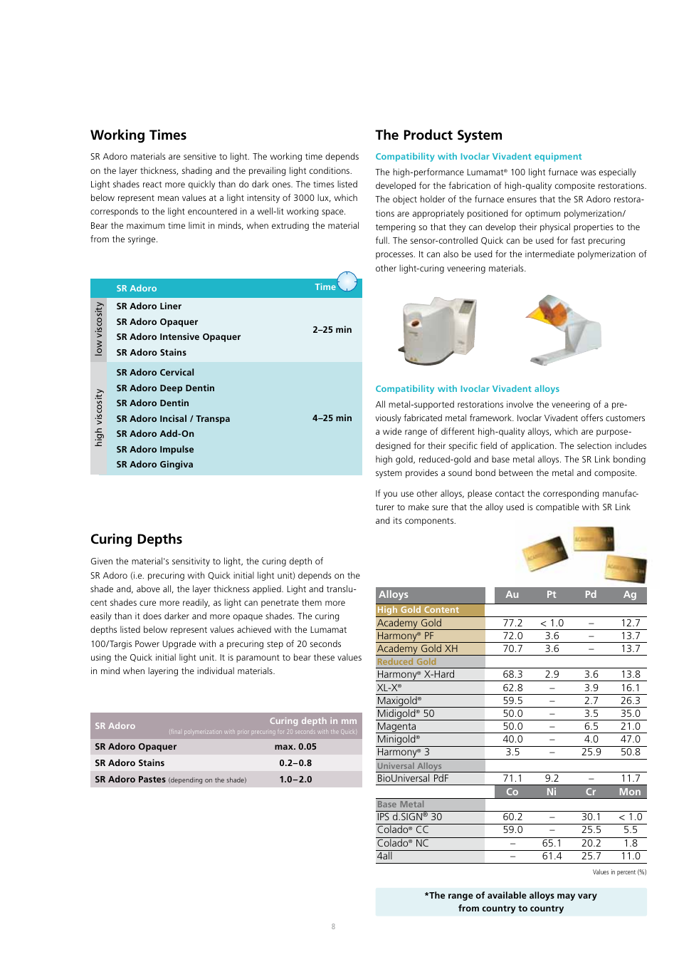 The product system, Working times, Curing depths | Ivoclar Vivadent SR Adoro User Manual | Page 8 / 88